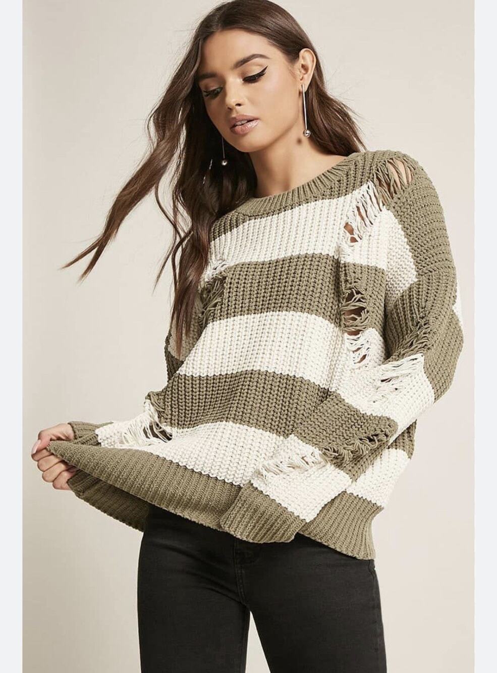 POL Distressed Olive & Cream Striped Knit Sweater - Size Small pullover